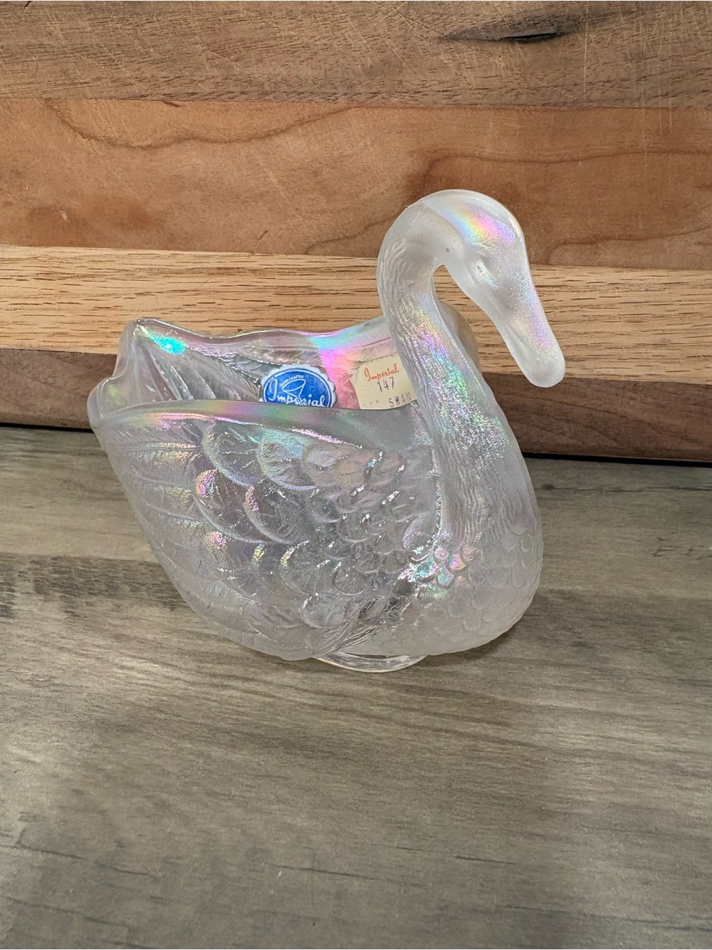 Imperial Iridescent Carnival Glass Swan Trinket or Candy Dish.